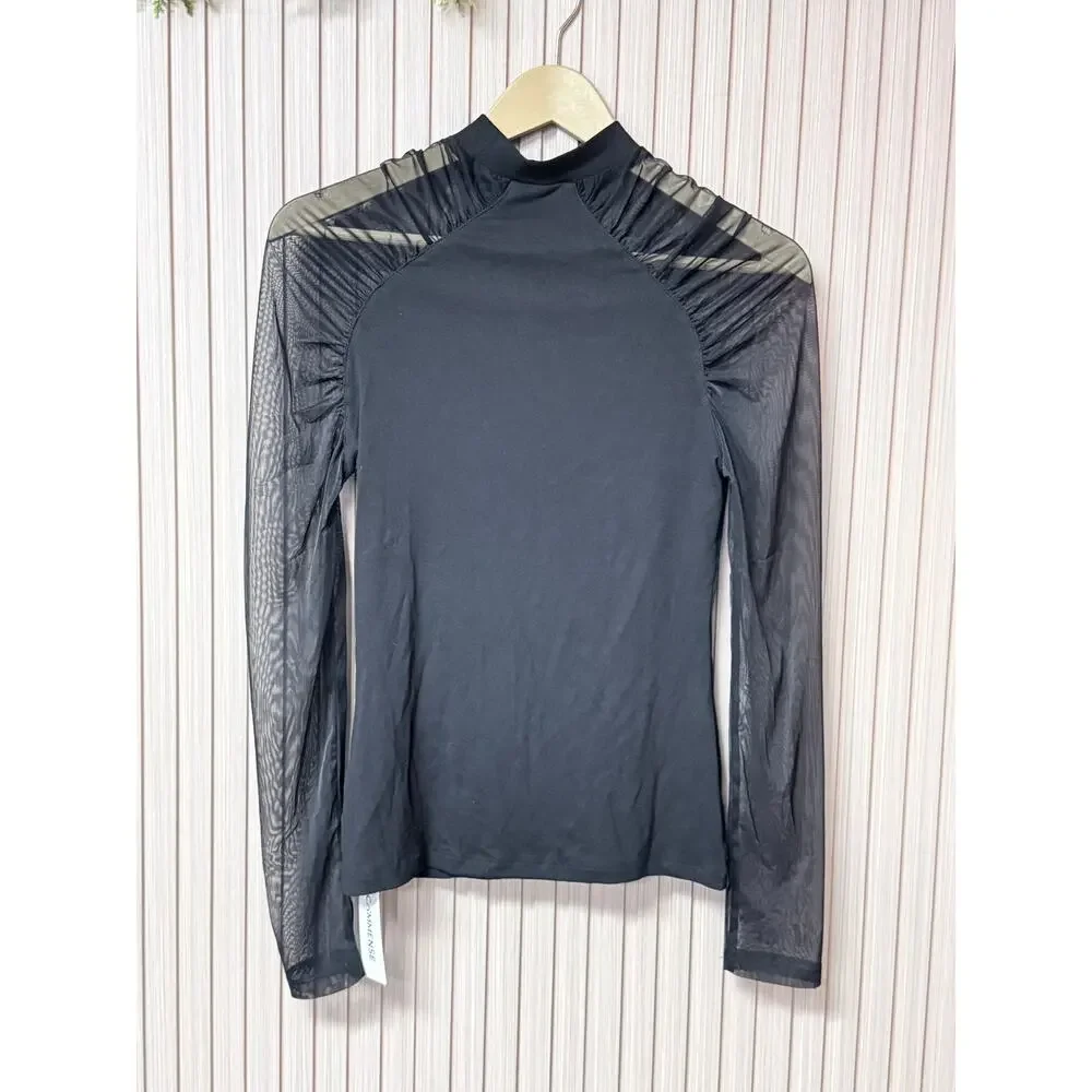 Commense Stand Collar Sheer Sleeve Fitted Blouse Black Women’s Size M - Picture 8 of 9